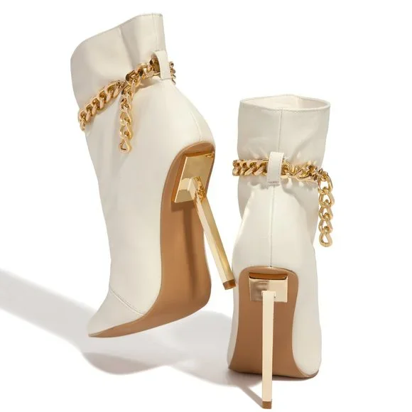 NEW🔥 Cream White Metallic Stiletto Heel Booties Ankle Boot Gold Chain Anklet - Picture 6 of 7